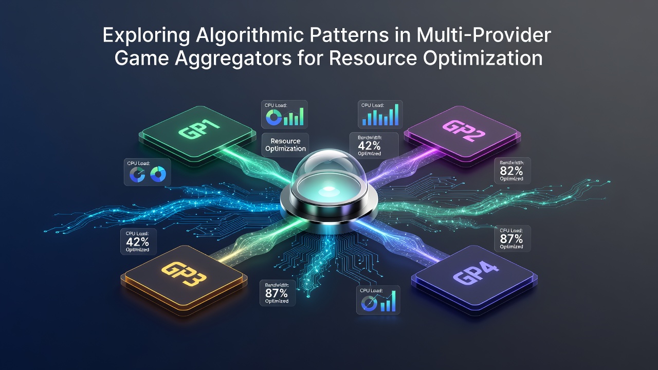 Diagram showing algorithmic patterns connecting multiple game providers in a digital aggregator system for optimized resource allocation