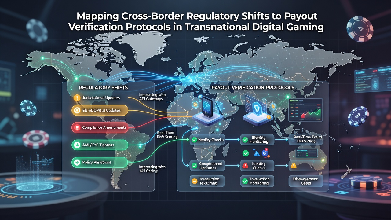 Flowchart showing payout verification steps mapped to regulatory requirements in different countries