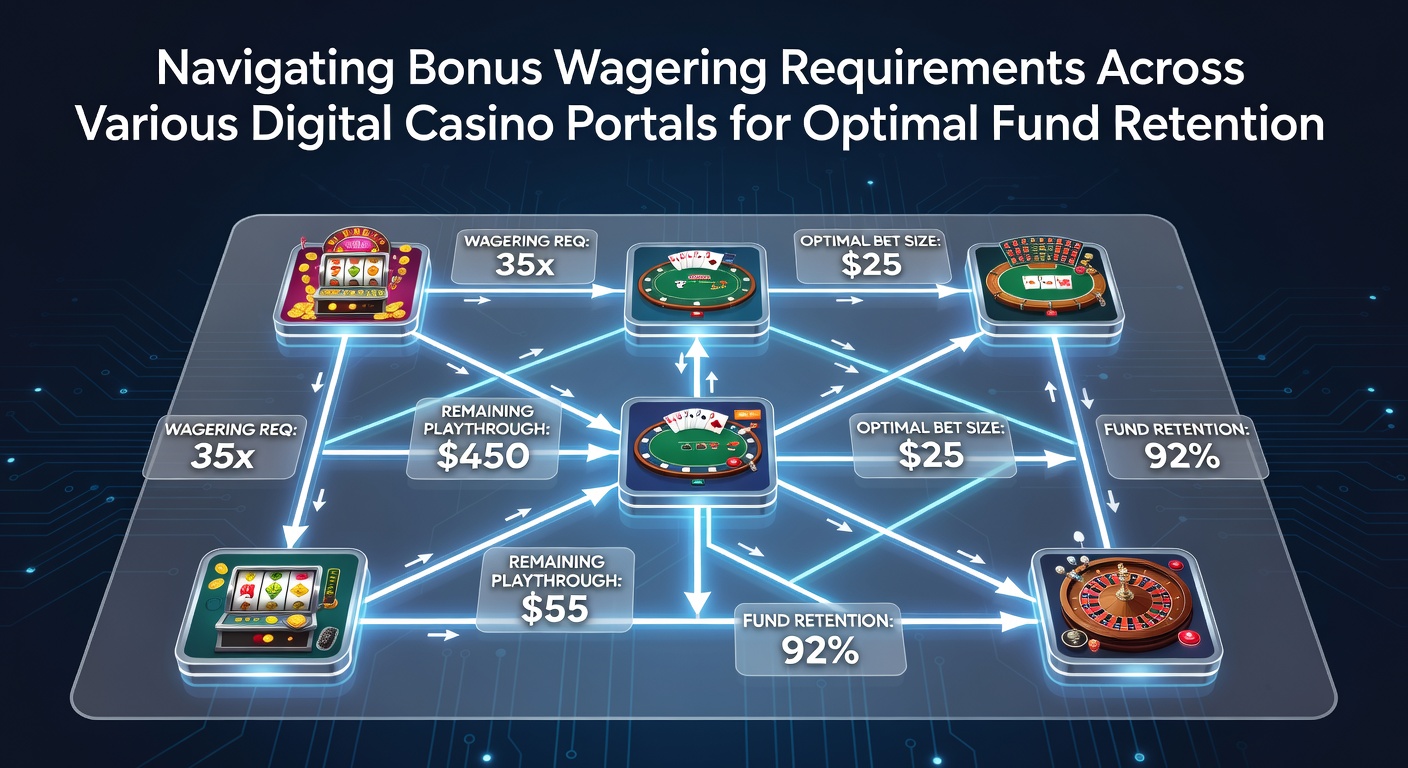 Digital casino interface showing bonus terms and wagering progress indicators