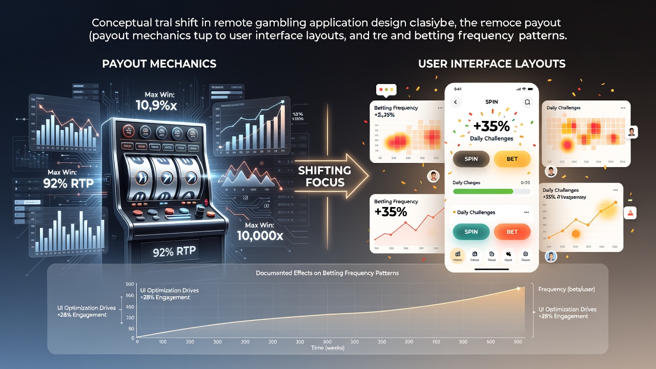 Modern remote gambling application screen displaying clean button placement, navigation menus, and session timers that shape user betting patterns