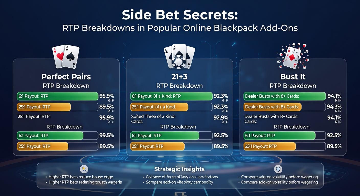 Close-up of a virtual blackjack interface displaying active side bets with RTP indicators and payout tables