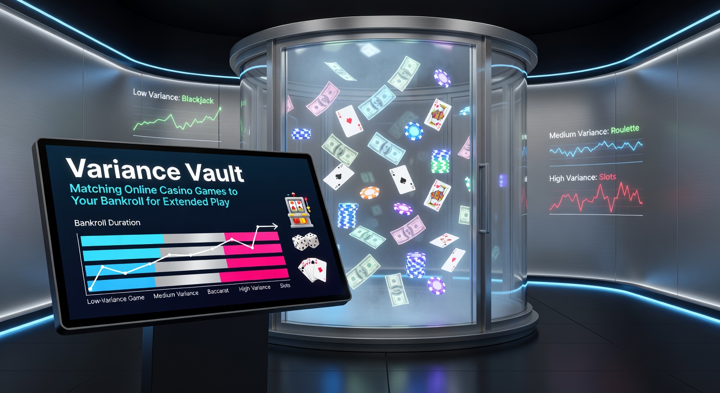 Illustration of a vault filled with casino chips and graphs depicting fluctuating bankroll lines representing high and low variance games
